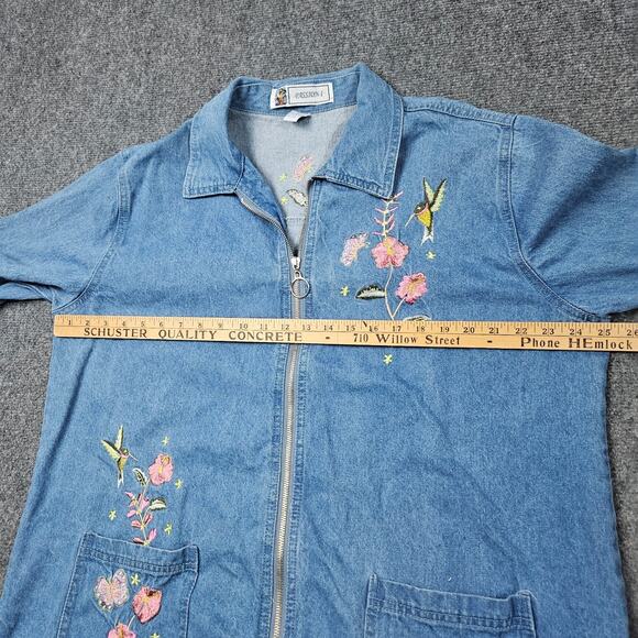 VTG Embroidered Jean Jacket Sz Large Blue Denim Full Zip Passion I Floral Nature - Picture 5 of 7